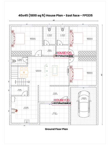 40x45 House Plan East Facing – Spacious 3 BHK (1800 sq ft)