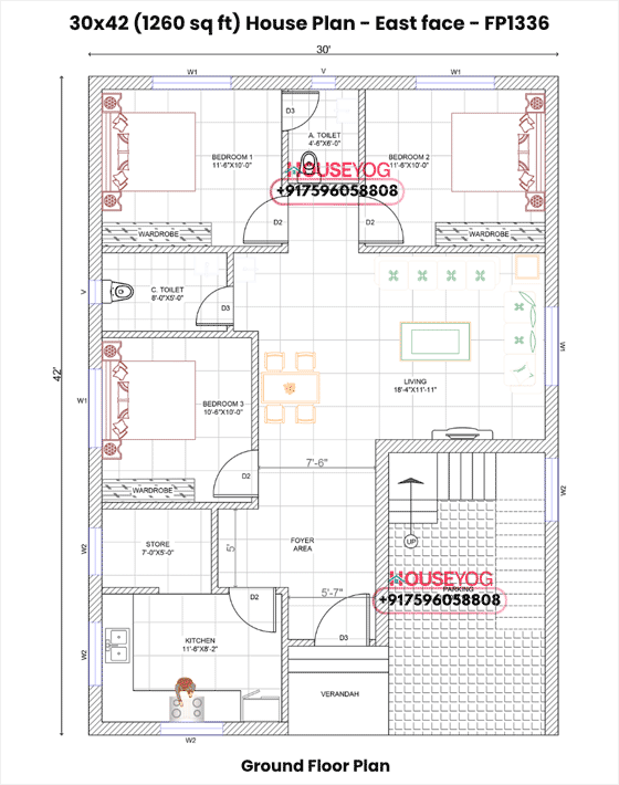 30x42 East-Facing 3 BHK House Plan with Parking