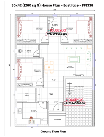 30x42 East-Facing 3 BHK House Plan with Parking