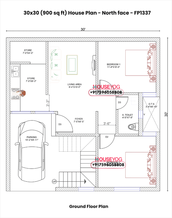 30x30 North Facing 2 BHK House Plan with Parking