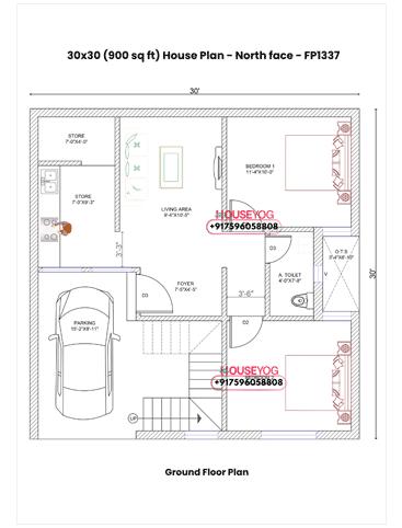 30x30 North Facing 2 BHK House Plan with Parking