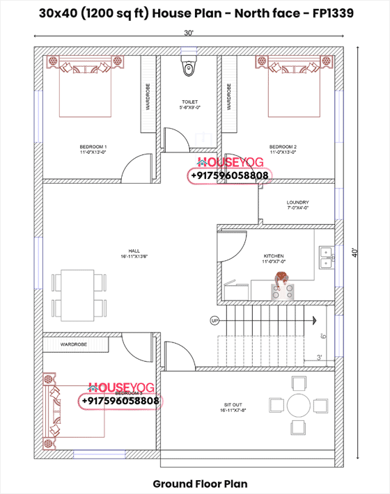30x40 North Facing House Plan - 3 BHK Village House Design with Verandah
