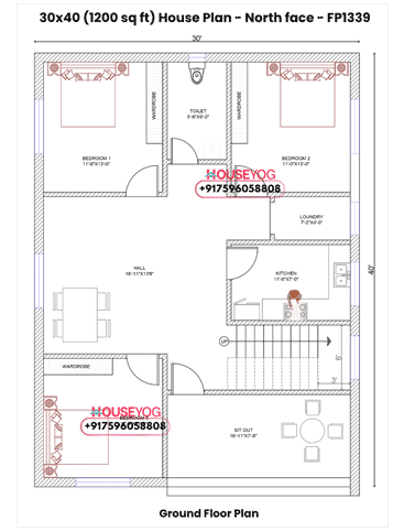 30x40 North Facing House Plan - 3 BHK Village House Design with Verandah