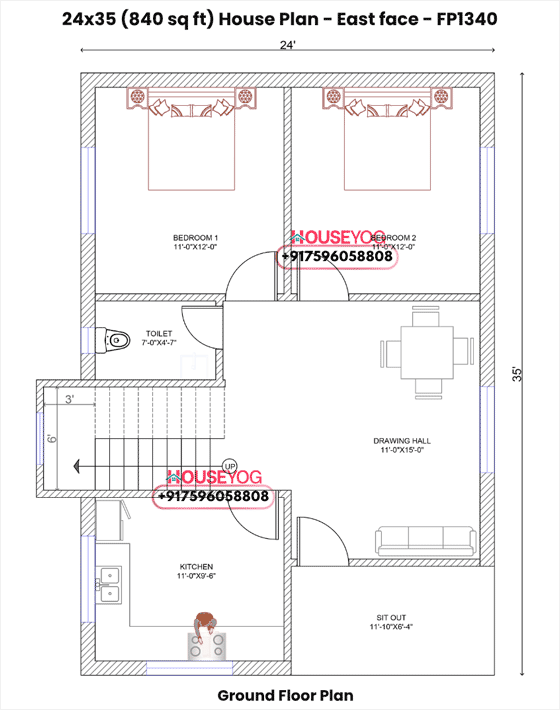 24x35 East Facing House Plan – 2 BHK Design with Verandah