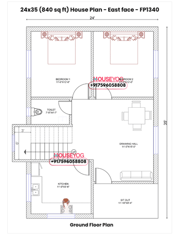24x35 East Facing House Plan – 2 BHK Design with Verandah