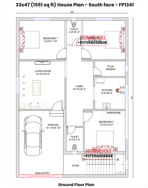 33x47 House Plan South Facing - 3 BHK with Parking