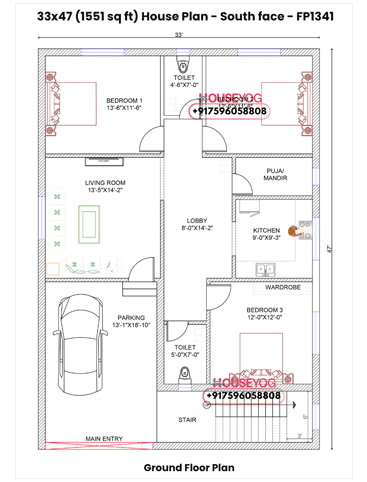 33x47 House Plan South Facing - 3 BHK with Parking