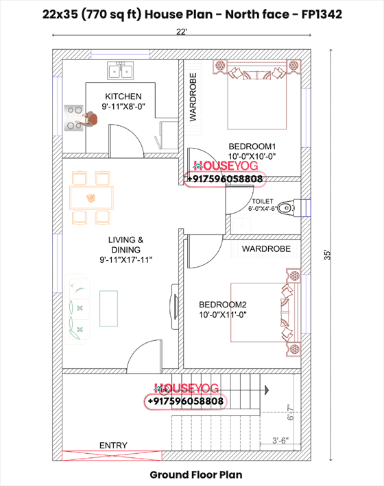 22x35 House Plan North Facing – 2 BHK for 770 Sq Ft Plot