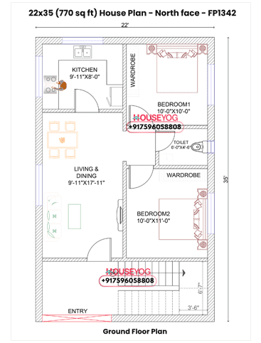 22x35 House Plan North Facing – 2 BHK for 770 Sq Ft Plot
