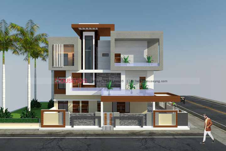 3 Floor House Plan with Front Elevation Design