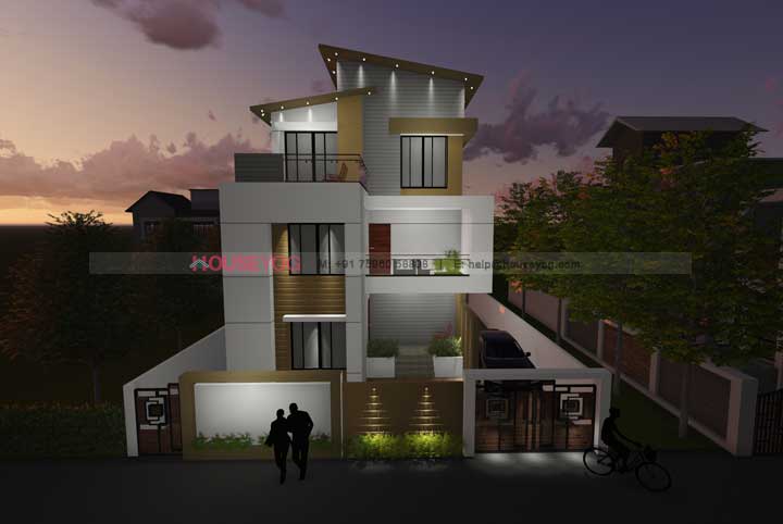 3 Floor House Plan Design – 5 BHK Bungalow Elevation