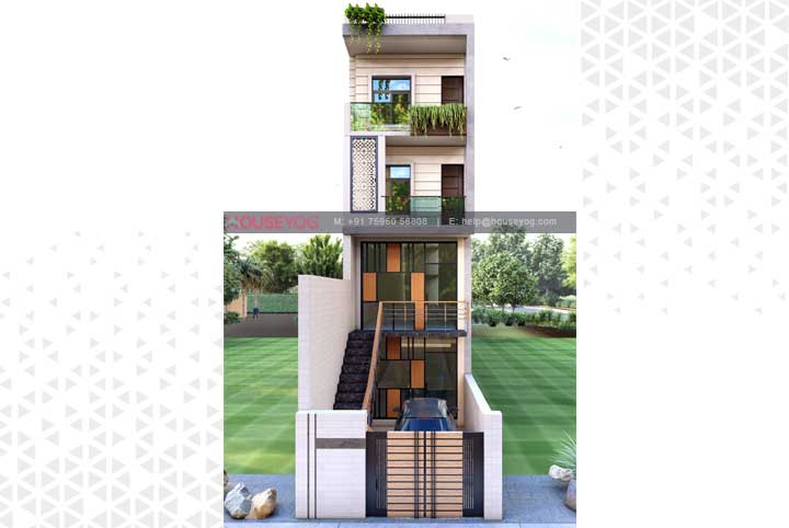 14x123 West Facing House Plan with Shop 3D Exterior Design