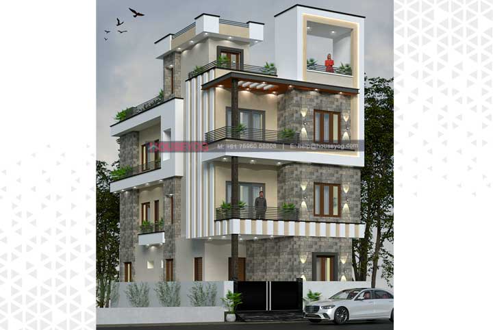 27x56 South Facing Duplex House Plan – 6 BHK with Modern Elevation & Car Parking (G+1 Design)