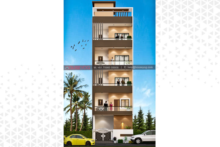 19x45 West Facing 4 Storey House Plan - 10 BHK Duplex with Modern Elevation & Rooftop Garden
